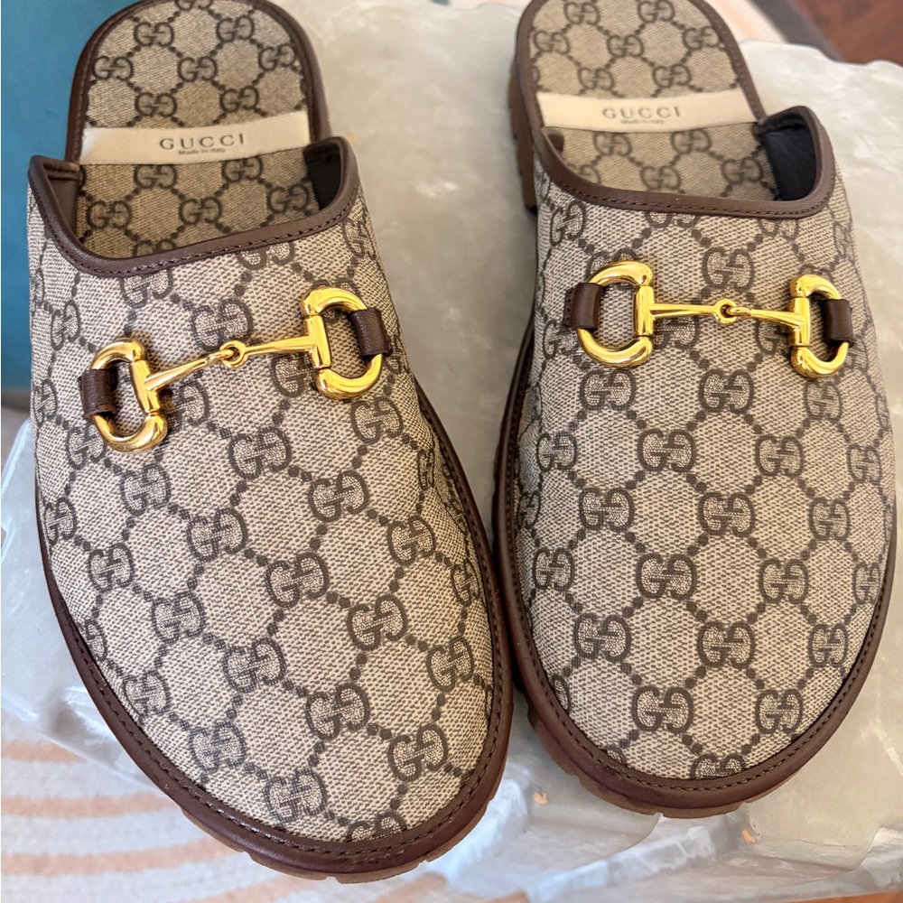 Gucci Beige and Brown GG Canvas Mules with Gold Horsebit